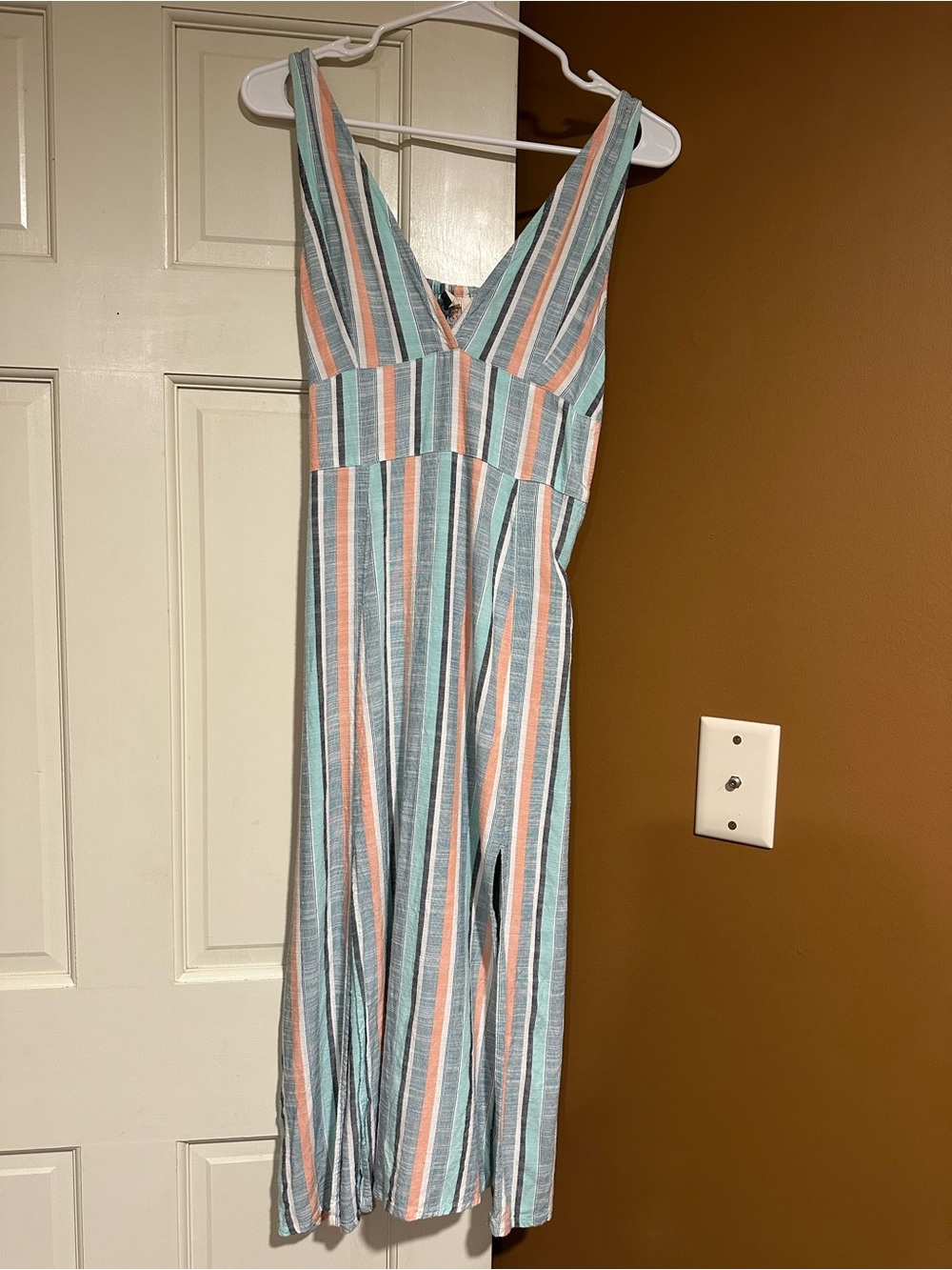 Roxy Striped V-Neck One-Piece in Teal, Coral, and White